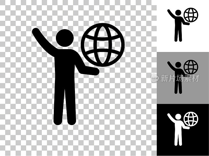 Stick Figure Carrying Globe Icon on Checkerboard透明背景